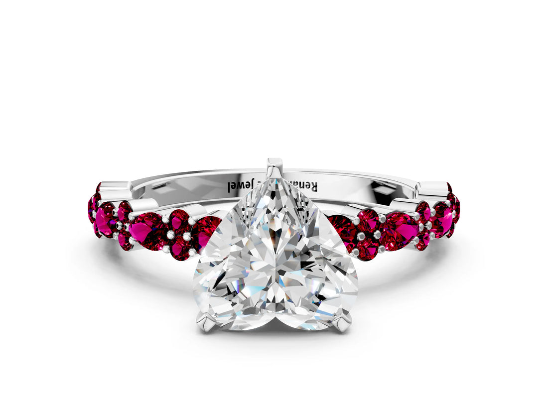 White gold Heart Cut Diamond Side Stone Solitaire Ring with Round with Garnet side stone and Four-Prong Setting_18
