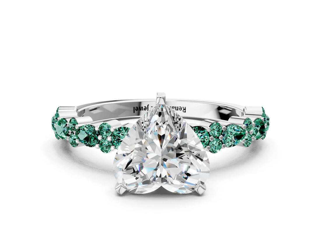 White gold Heart Cut Diamond Side Stone Solitaire Ring with Round with Green Sapphire side stone and Four-Prong Setting