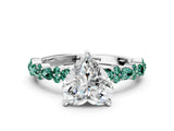 White gold Heart Cut Diamond Side Stone Solitaire Ring with Round with Green Sapphire side stone and Four-Prong Setting