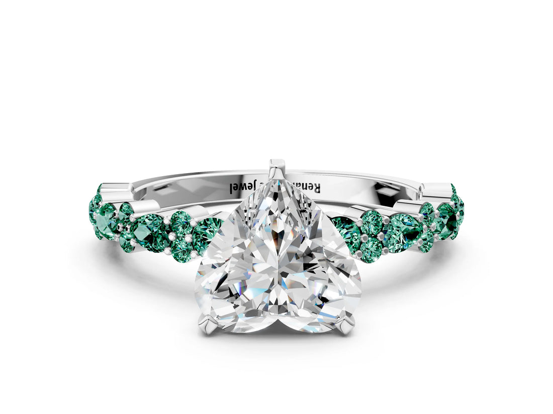 White gold Heart Cut Diamond Side Stone Solitaire Ring with Round with Green Sapphire side stone and Four-Prong Setting