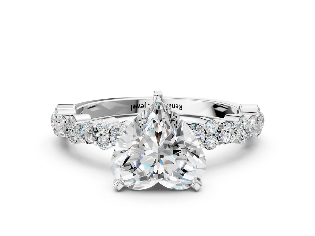 White gold Heart Cut Diamond Side Stone Solitaire Ring with Round with Moissanite side stone and Four-Prong Setting_12