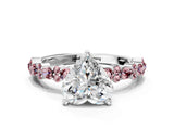 White gold Heart Cut Diamond Side Stone Solitaire Ring with Round with Morganite side stone and Four-Prong Setting