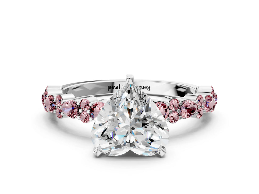 White gold Heart Cut Diamond Side Stone Solitaire Ring with Round with Morganite side stone and Four-Prong Setting_12