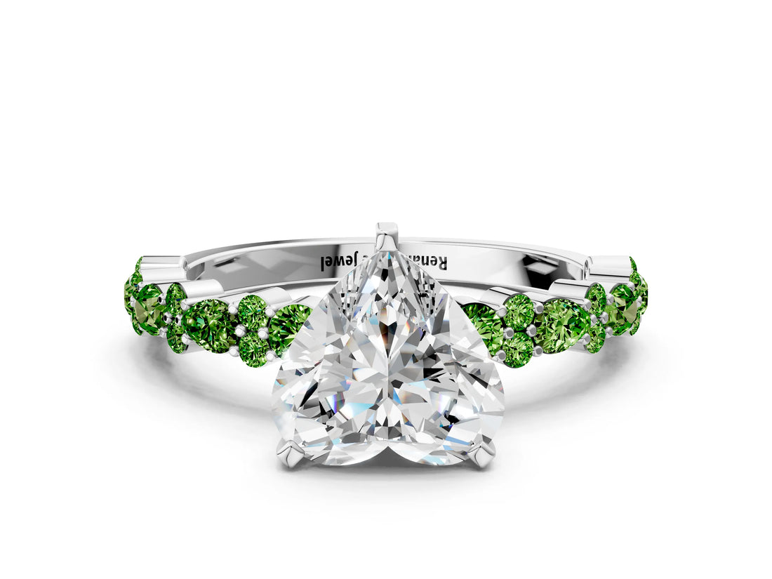 White gold Heart Cut Diamond Side Stone Solitaire Ring with Round with Peridot side stone and Four-Prong Setting