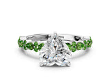 White gold Heart Cut Diamond Side Stone Solitaire Ring with Round with Peridot side stone and Four-Prong Setting