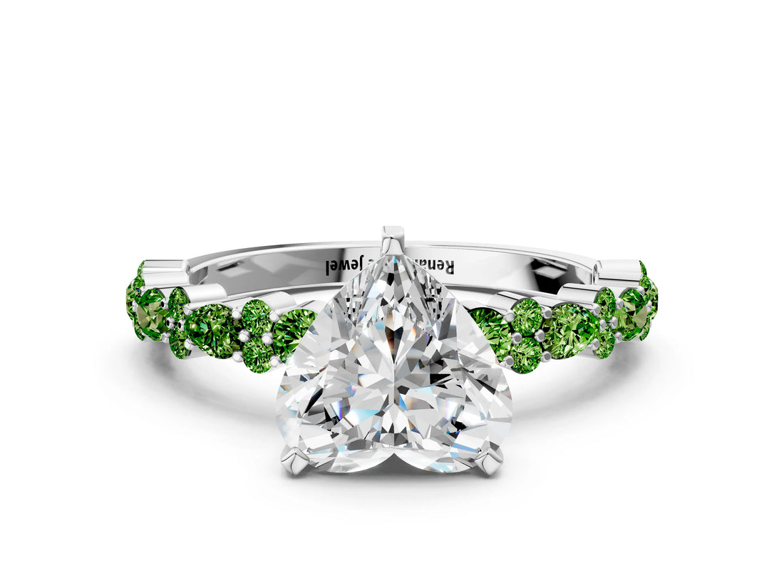 White gold Heart Cut Diamond Side Stone Solitaire Ring with Round with Peridot side stone and Four-Prong Setting