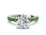 White gold Heart Cut Diamond Side Stone Solitaire Ring with Round with Peridot side stone and Four-Prong Setting