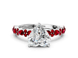 White gold Heart Cut Diamond Side Stone Solitaire Ring with Round with Ruby side stone and Four-Prong Setting