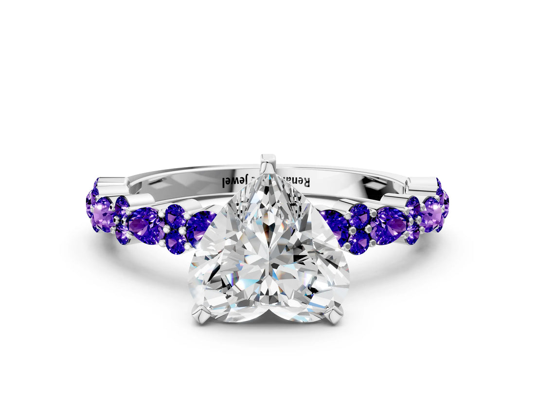 White gold Heart Cut Diamond Side Stone Solitaire Ring with Round with Tanzanite side stone and Four-Prong Setting_18