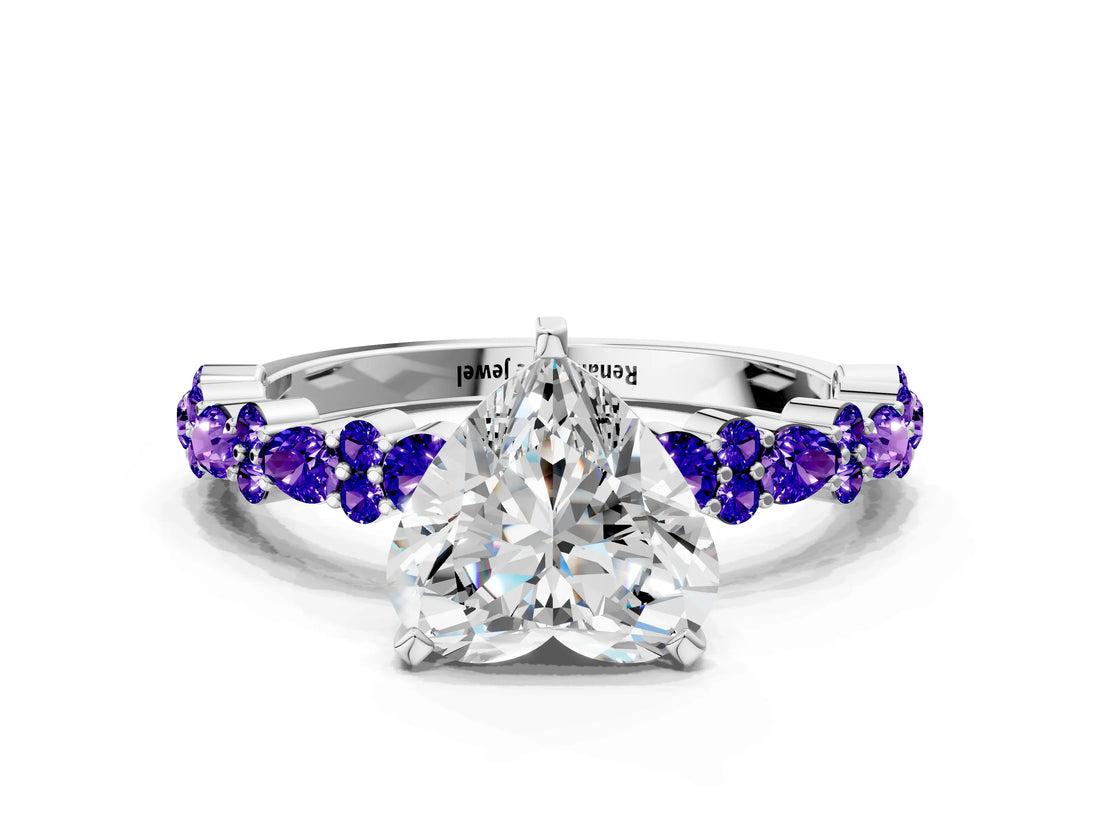 White gold Heart Cut Diamond Side Stone Solitaire Ring with Round with Tanzanite side stone and Four-Prong Setting_21