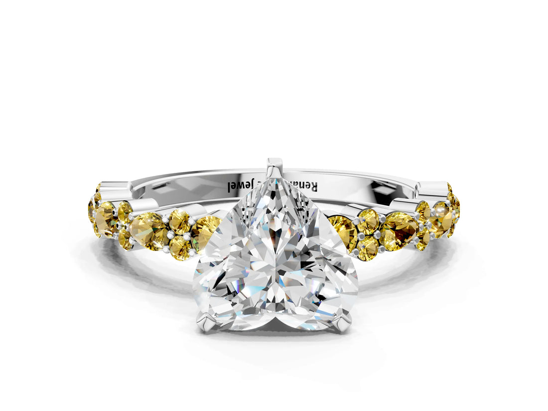 White gold Heart Cut Diamond Side Stone Solitaire Ring with Round with Yellow Sapphire side stone and Four-Prong Setting_12