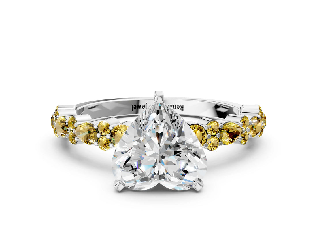 White gold Heart Cut Diamond Side Stone Solitaire Ring with Round with Yellow Sapphire side stone and Four-Prong Setting