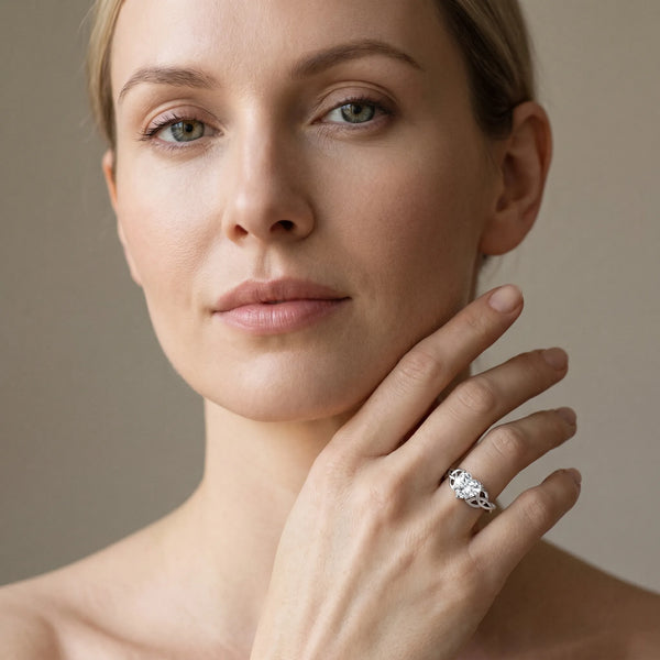 White gold Heart Cut Diamond Solitaire Engagement Ring with Celtic Knot Band and Four-Prong Setting