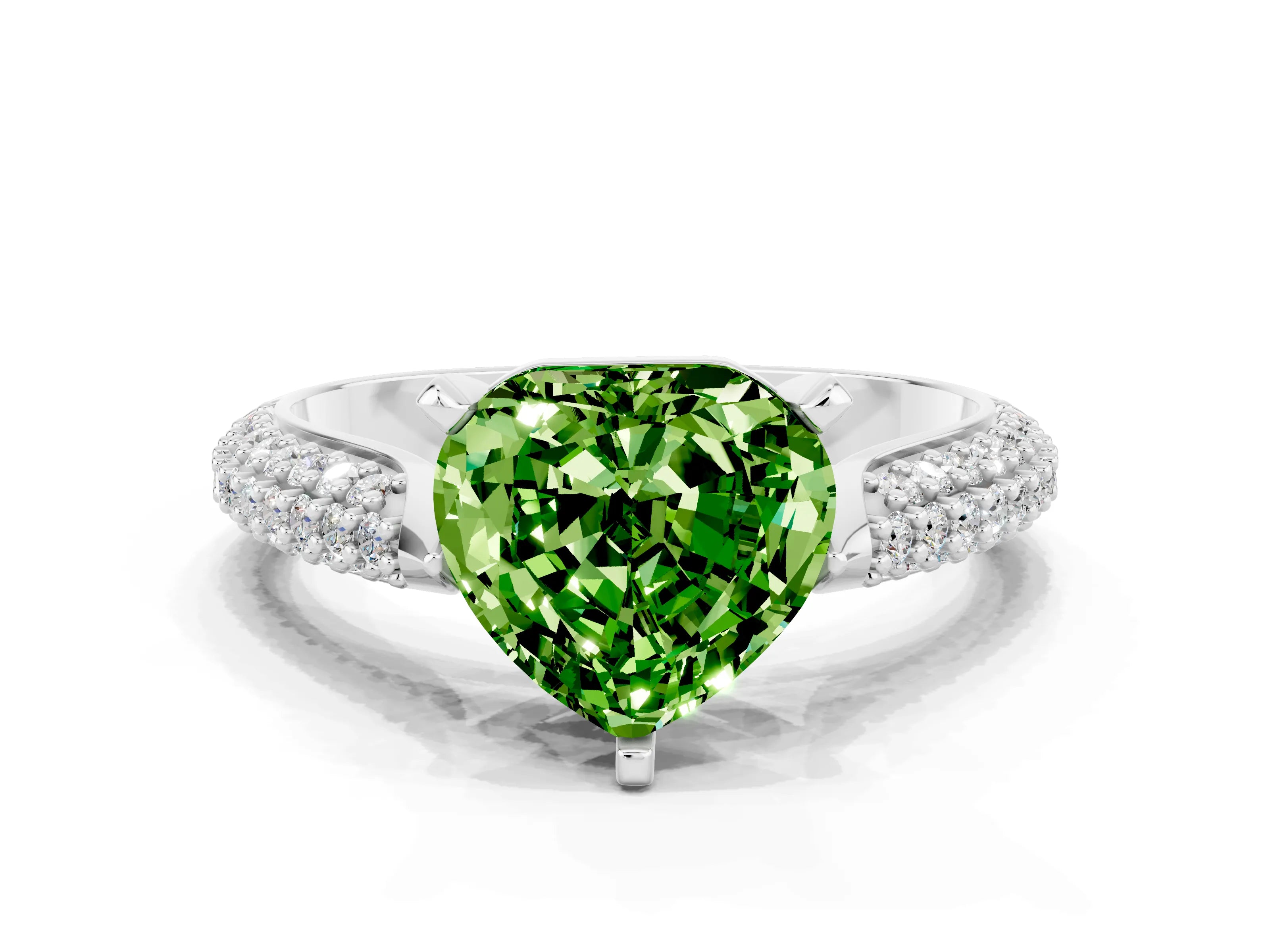 White gold Heart Cut Diamond Solitaire Engagement Ring with Pavé Band and Four-Prong Setting