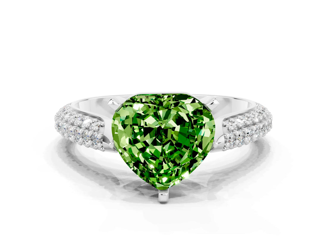 White gold Heart Cut Diamond Solitaire Engagement Ring with Pavé Band and Four-Prong Setting