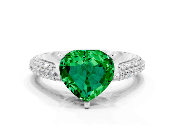 Platinum Heart Cut Emerald Solitaire Engagement Ring with Multi-Row Round Pavé Band and Prong Setting