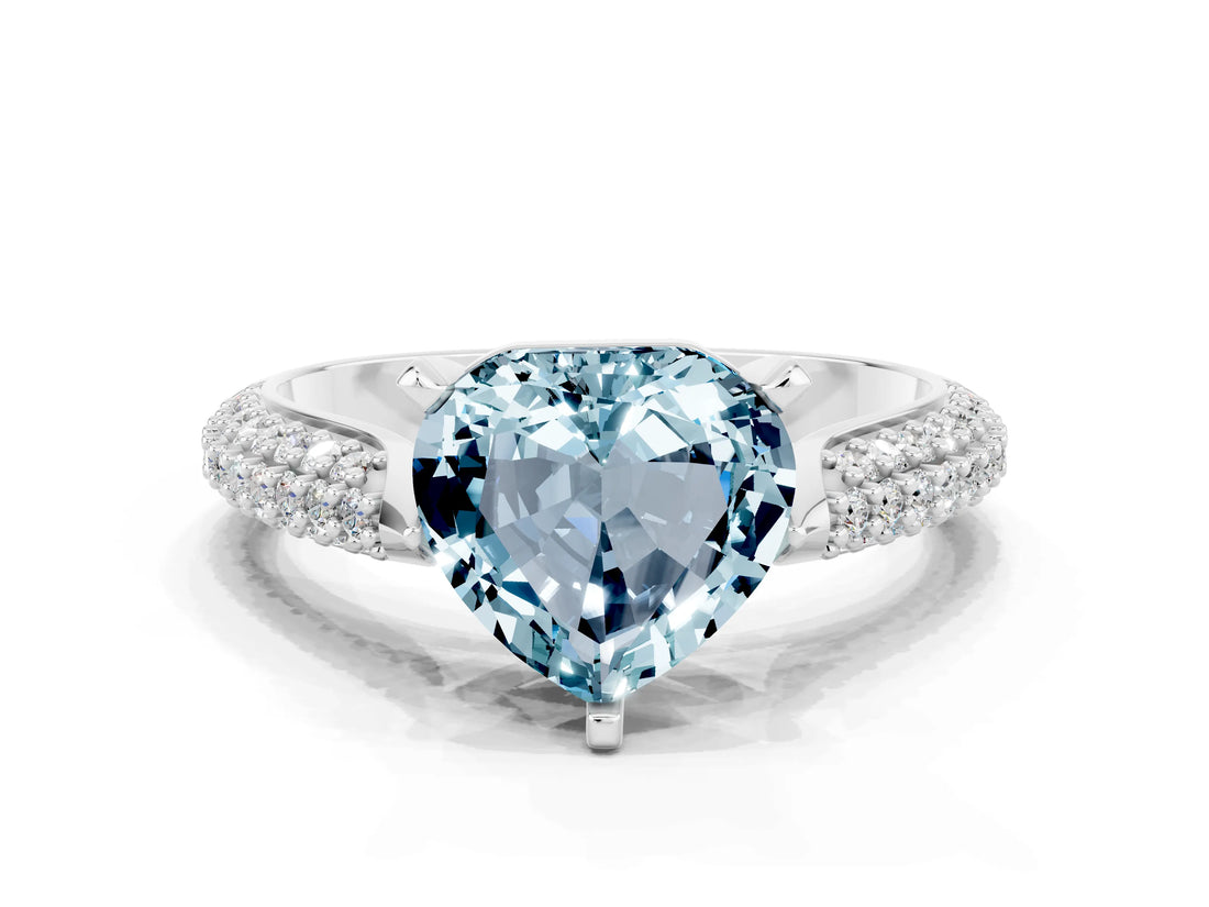 White gold Heart Cut Diamond Solitaire Engagement Ring with Pavé Band and Four-Prong Setting