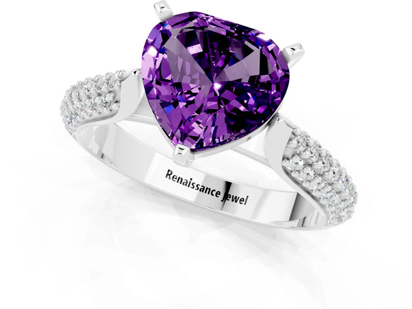 Platinum Heart Cut Amethyst Solitaire Engagement Ring with Multi-Row Round Pavé Band and Prong Setting