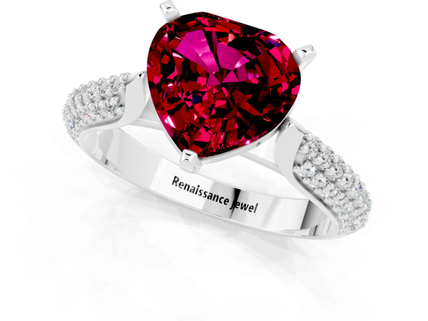 White gold Heart Cut Garnet Solitaire Engagement Ring with Multi-Row Round Pavé Band and Prong Setting