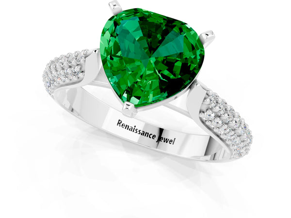 Silver Heart Cut Emerald Solitaire Engagement Ring with Multi-Row Round Pavé Band and Prong Setting