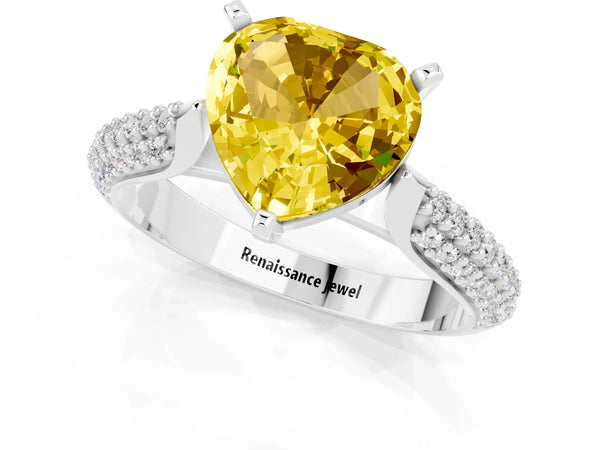 Silver Heart Cut Yellow Sapphire Solitaire Engagement Ring with Multi-Row Round Pavé Band and Prong Setting