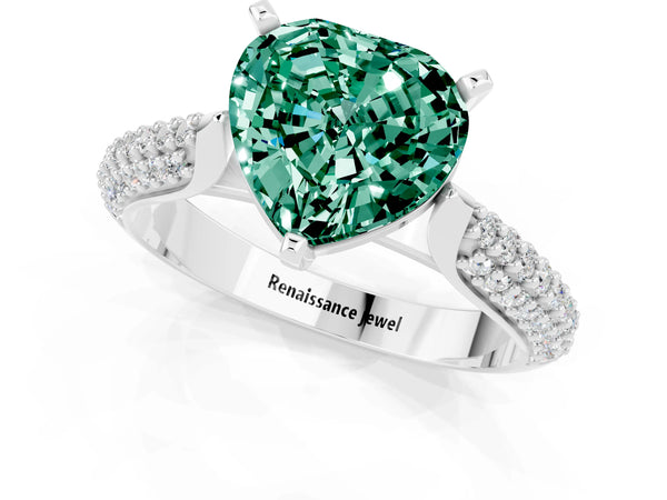 Platinum Heart Cut Green Sapphire Solitaire Engagement Ring with Multi-Row Round Pavé Band and Prong Setting