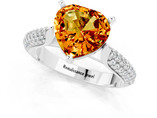White gold Heart Cut Citrine Solitaire Engagement Ring with Multi-Row Round Pavé Band and Prong Setting