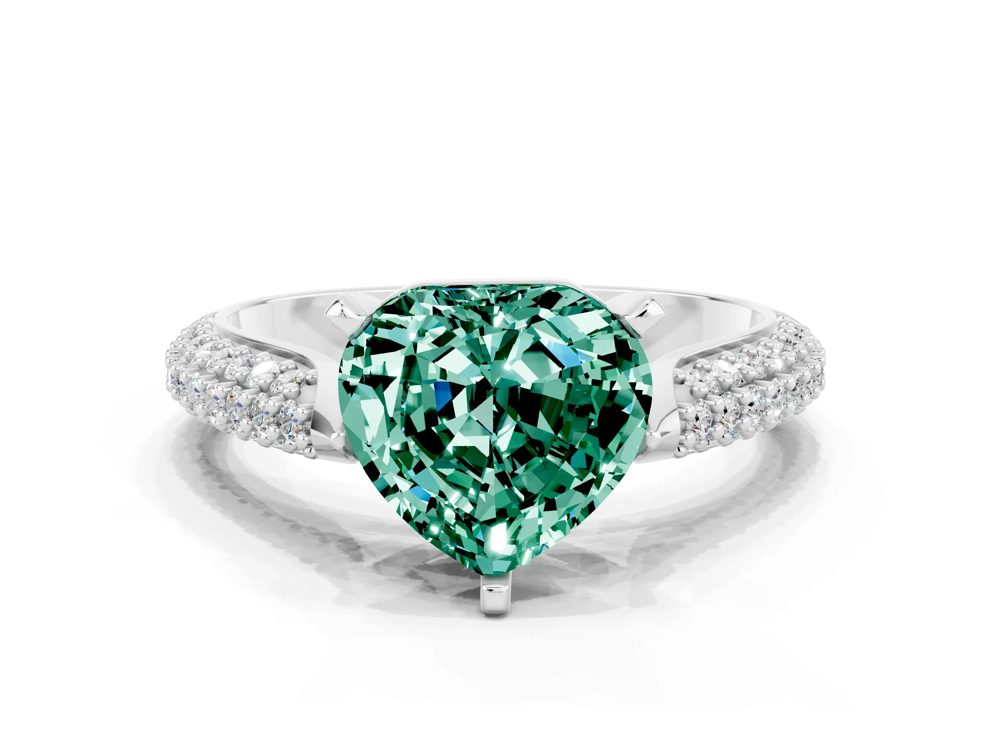 White gold Heart Cut Diamond Solitaire Engagement Ring with Pavé Band and Four-Prong Setting