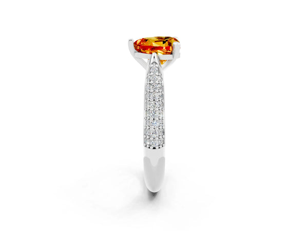 Platinum Heart Cut Citrine Solitaire Engagement Ring with Multi-Row Round Pavé Band and Prong Setting