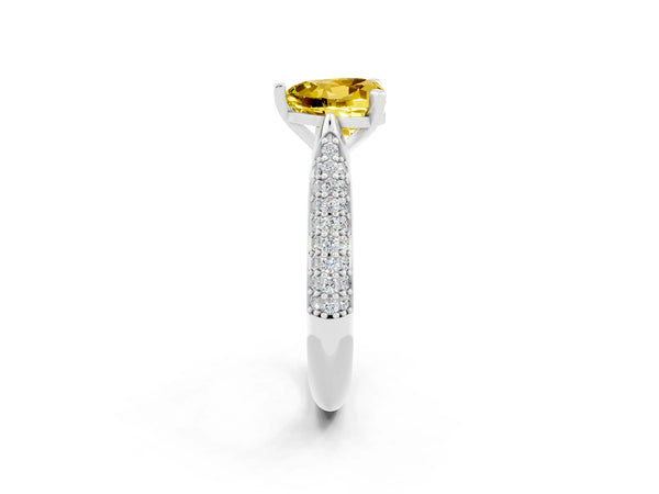 Silver Heart Cut Yellow Sapphire Solitaire Engagement Ring with Multi-Row Round Pavé Band and Prong Setting