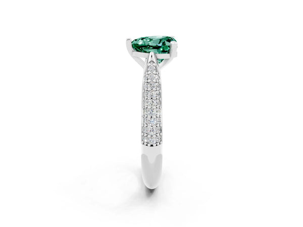White gold Heart Cut Green Sapphire Solitaire Engagement Ring with Multi-Row Round Pavé Band and Prong Setting