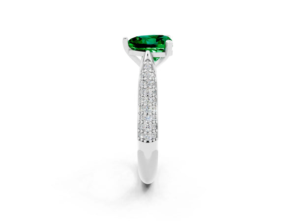 White gold Heart Cut Emerald Solitaire Engagement Ring with Multi-Row Round Pavé Band and Prong Setting