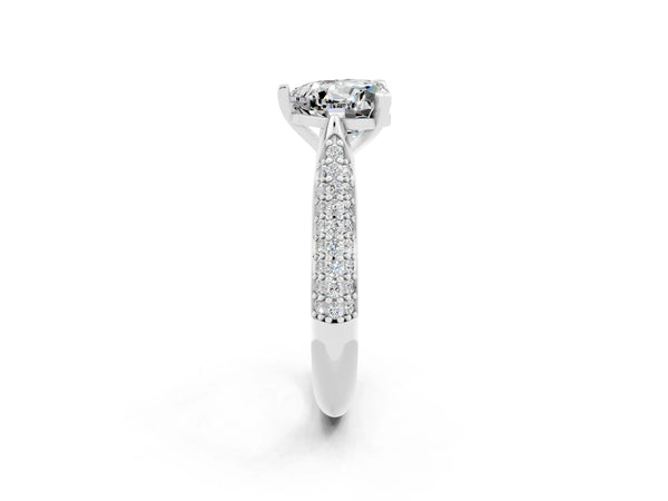 White gold Heart Cut Moissanite Solitaire Engagement Ring with Multi-Row Round Pavé Band and Prong Setting