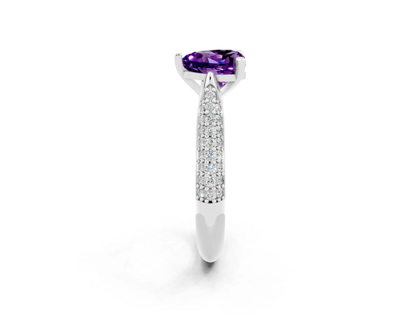 Platinum Heart Cut Amethyst Solitaire Engagement Ring with Multi-Row Round Pavé Band and Prong Setting