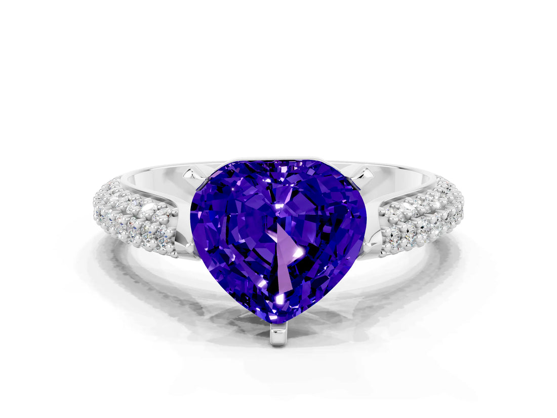White gold Heart Cut Diamond Solitaire Engagement Ring with Pavé Band and Four-Prong Setting