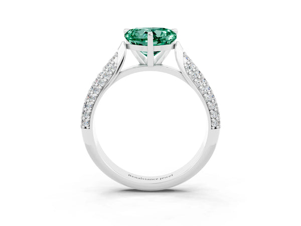Platinum Heart Cut Green Sapphire Solitaire Engagement Ring with Multi-Row Round Pavé Band and Prong Setting