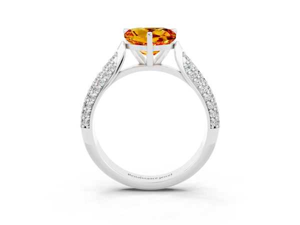 Silver Heart Cut Citrine Solitaire Engagement Ring with Multi-Row Round Pavé Band and Prong Setting