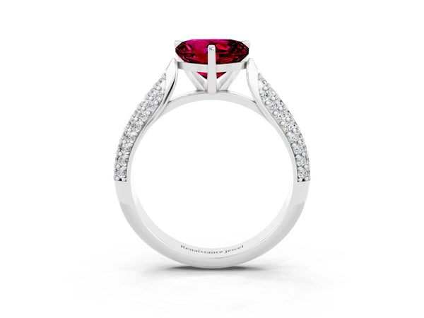 White gold Heart Cut Garnet Solitaire Engagement Ring with Multi-Row Round Pavé Band and Prong Setting