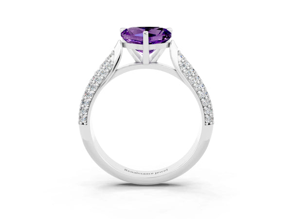 White gold Heart Cut Amethyst Solitaire Engagement Ring with Multi-Row Round Pavé Band and Prong Setting