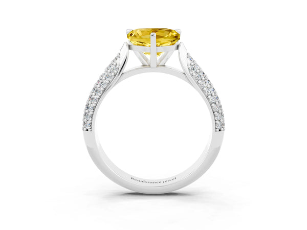 Silver Heart Cut Yellow Sapphire Solitaire Engagement Ring with Multi-Row Round Pavé Band and Prong Setting