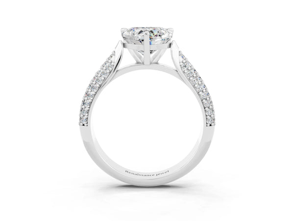 White gold Heart Cut Moissanite Solitaire Engagement Ring with Multi-Row Round Pavé Band and Prong Setting