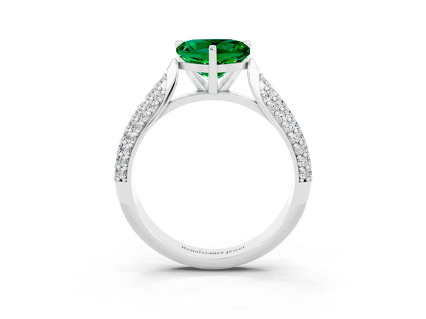 Platinum Heart Cut Emerald Solitaire Engagement Ring with Multi-Row Round Pavé Band and Prong Setting