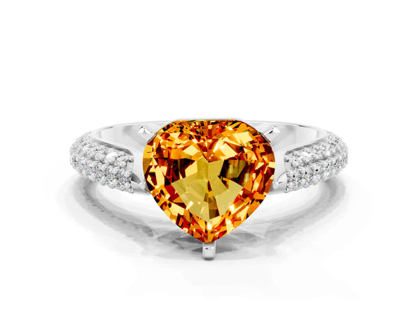 White gold Heart Cut Citrine Solitaire Engagement Ring with Multi-Row Round Pavé Band and Prong Setting
