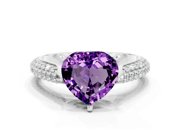 Platinum Heart Cut Amethyst Solitaire Engagement Ring with Multi-Row Round Pavé Band and Prong Setting