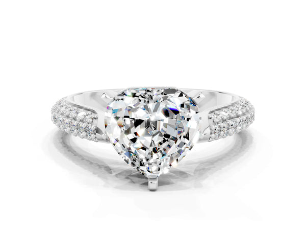 White gold Heart Cut Moissanite Solitaire Engagement Ring with Multi-Row Round Pavé Band and Prong Setting