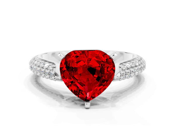 Platinum Heart Cut Diamond Solitaire Engagement Ring with Pavé Band and Four-Prong Setting