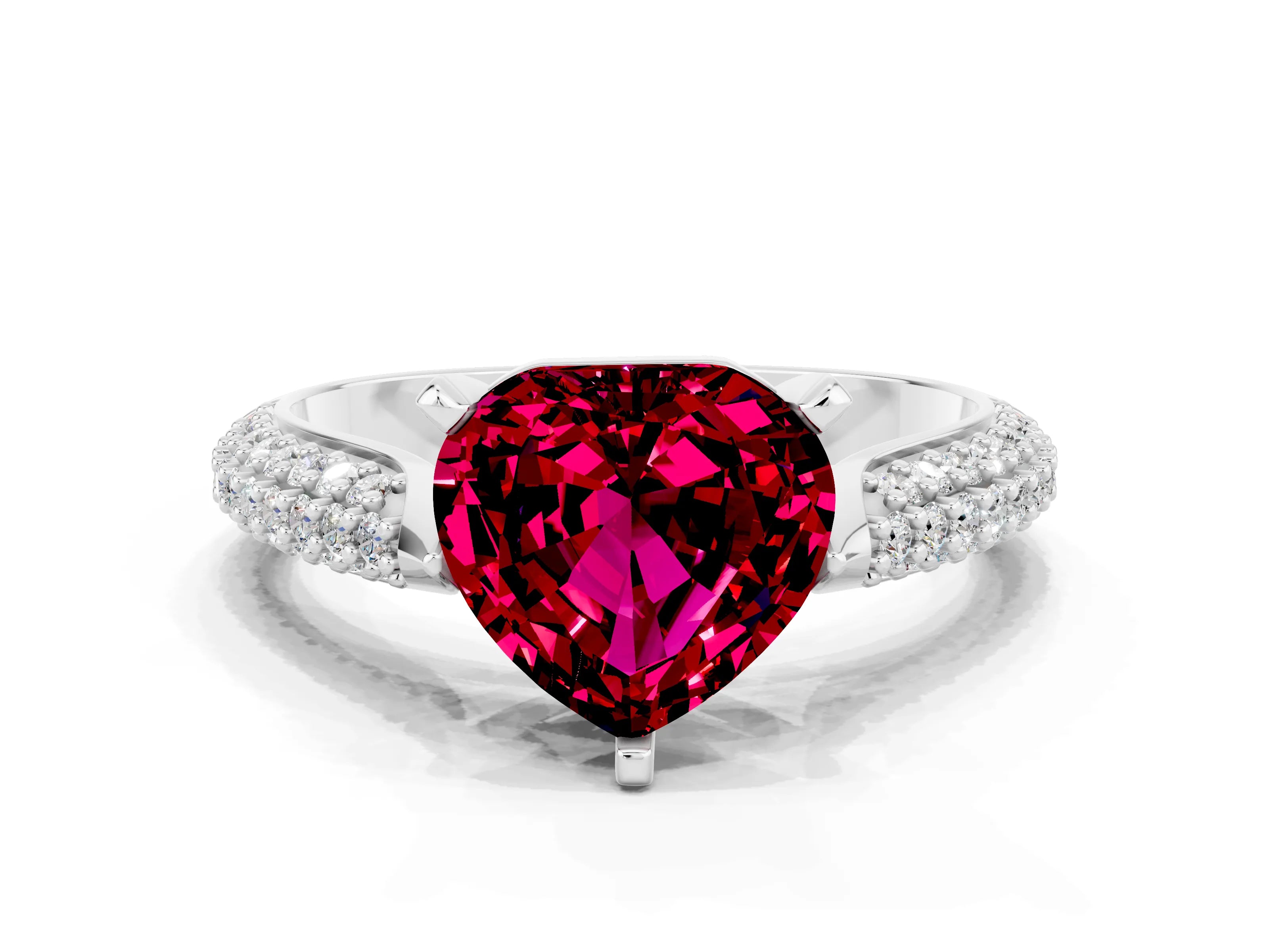 White gold Heart Cut Diamond Solitaire Engagement Ring with Pavé Band and Four-Prong Setting