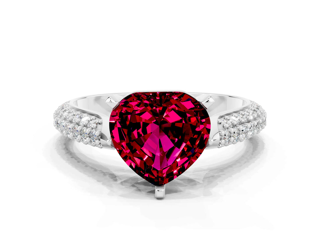 White gold Heart Cut Diamond Solitaire Engagement Ring with Pavé Band and Four-Prong Setting