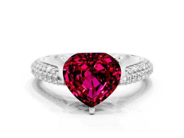 White gold Heart Cut Garnet Solitaire Engagement Ring with Multi-Row Round Pavé Band and Prong Setting