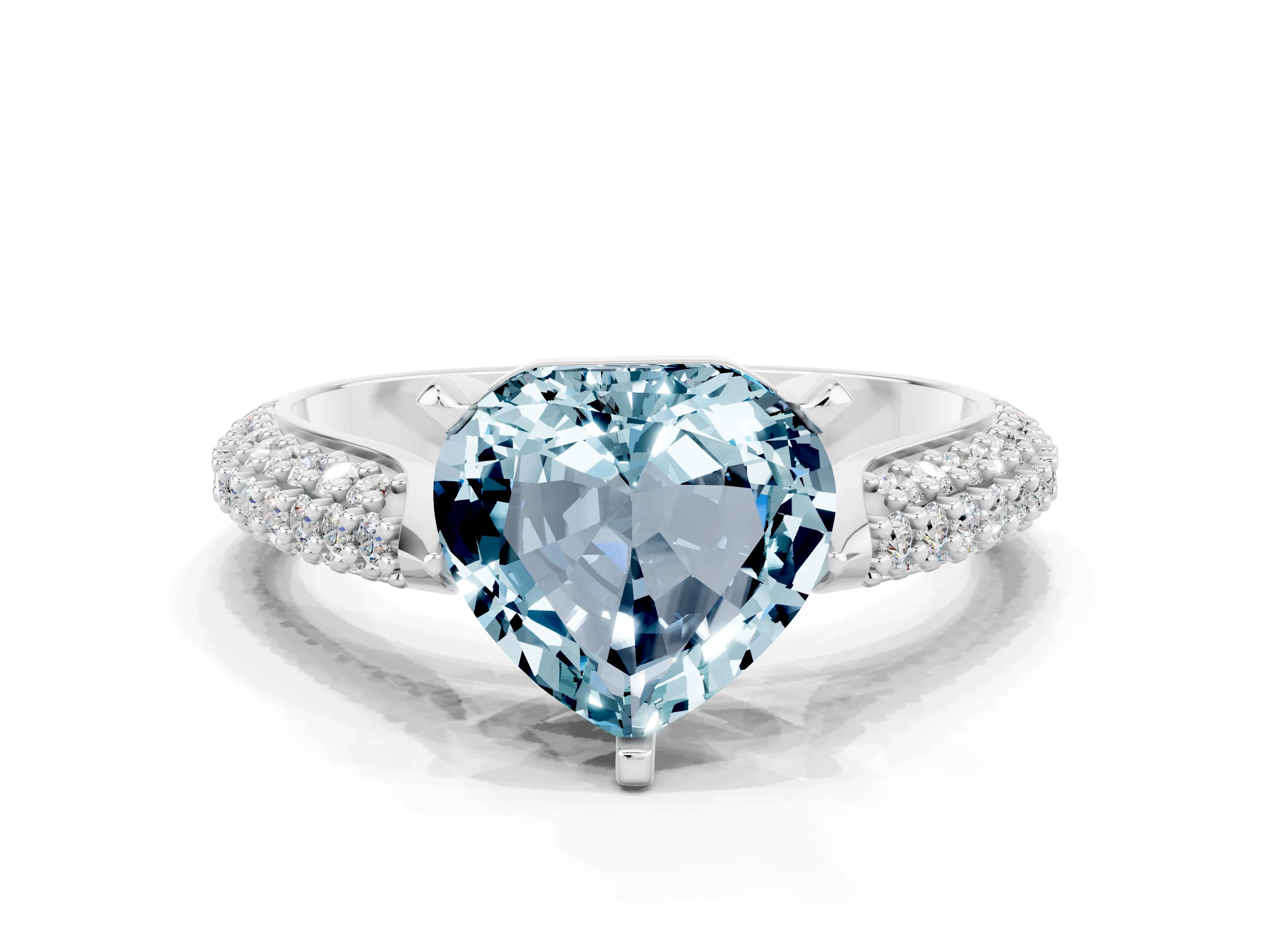 White gold Heart Cut Diamond Solitaire Engagement Ring with Pavé Band and Four-Prong Setting